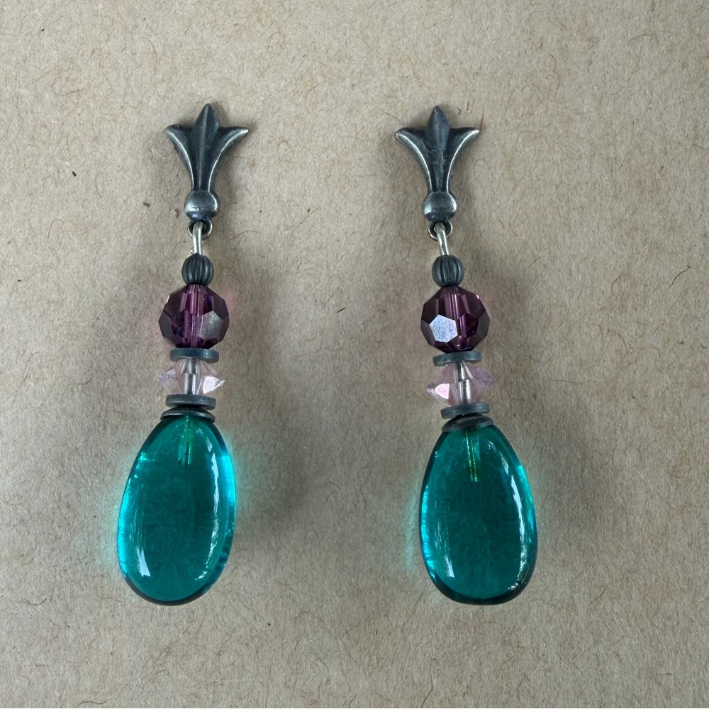 Vintage Teal Glass Drop Earrings Amethyst Accent Dangle Studs